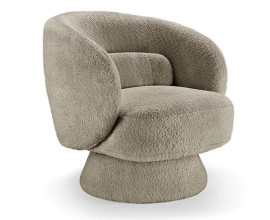 Dizajnov&eacute; art deco otočn&eacute; kreslo Elian s bukl&yacute;m potahom v hněd&eacute;m odtieni taupe so zaoblenou siluetou 76 cm