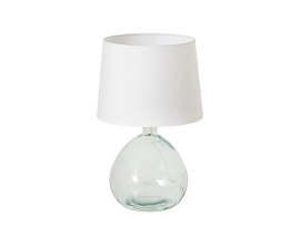 Designov&aacute; modern&iacute; stoln&iacute; lampa Glassy s průhlednou nohou s jemně asymetrick&yacute;m tvarem z recyklovan&eacute;ho skla s kulat&yacute;m b&iacute;l&yacute;m st&iacute;n&iacute;tkem z textilu