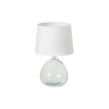 Designová moderní stolní lampa Glassy s průhlednou nohou s jemně asymetrickým tvarem z recyklovaného skla s kulatým bílým stínítkem z textilu