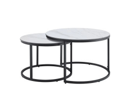 Designov&aacute; industri&aacute;ln&iacute; sada dvou konferenčn&iacute;ch stolků Ceramia Blanca s kulat&yacute;mi keramick&yacute;mi deskami s designem b&iacute;l&eacute;ho mramoru s &scaron;edou kresbou s kovov&yacute;mi podstavami v matn&eacute; čern&eacute; barvě s možnost&iacute; zasunut&iacute;