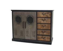 Designov&yacute; vintage př&iacute;born&iacute;k Lincoln s černou masivn&iacute; konstrukc&iacute; s obd&eacute;ln&iacute;kovou vrchn&iacute; deskou s &uacute;ložn&yacute;m prostorem se dvěma dv&iacute;řky v &scaron;ed&eacute; barvě a kulat&yacute;m skleněn&yacute;m prvkem a pěti z&aacute;suvkami s kovov&yacute;mi &uacute;chyty v př&iacute;rodn&iacute; hněd&eacute; barvě dřeva