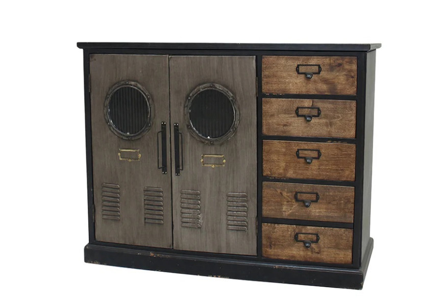 Designový vintage příborník Lincoln s černou masivní konstrukcí s obdélníkovou vrchní deskou s úložným prostorem se dvěma dvířky v šedé barvě a kulatým skleněným prvkem a pěti zásuvkami s kovovými úchyty v přírodní hnědé barvě dřeva