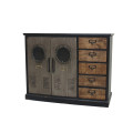 Designový vintage příborník Lincoln s černou masivní konstrukcí s obdélníkovou vrchní deskou s úložným prostorem se dvěma dvířky v šedé barvě a kulatým skleněným prvkem a pěti zásuvkami s kovovými úchyty v přírodní hnědé barvě dřeva