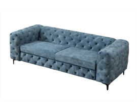 Designov&aacute; glamour čalouněn&aacute; trojsedačka Modern Barock se sametov&yacute;m petrolejově modr&yacute;m potahem se &scaron;irok&yacute;mi opěrkami a bodov&yacute;m pro&scaron;&iacute;v&aacute;n&iacute;m v chesterfield stylu s čern&yacute;mi nožičkami