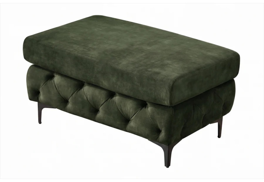 Designová chesterfield čalouněná taburetka Modern Barock se sametovým potahem v zelené barvě s hladkým sedadlem a boky s hlubokým bodovým prošíváním na štíhlých černých nožičkách