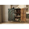 Designov&aacute; art deco dvoudveřov&aacute; barov&aacute; skř&iacute;ňka Cumbria v tyrkysov&eacute; barvě se zlat&yacute;mi detaily a reli&eacute;fem s motivem slunce 120 cm