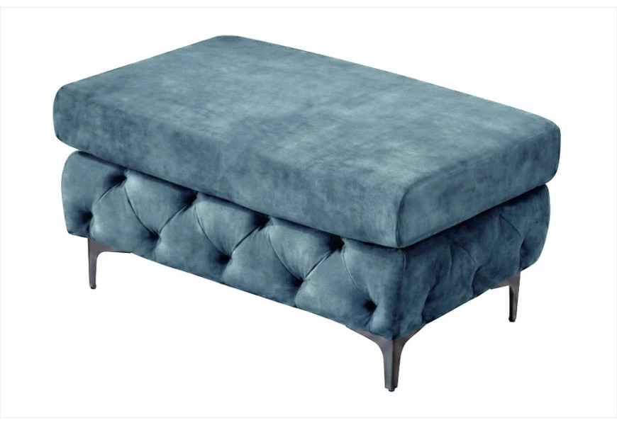 Designová glamour sametová taburetka Modern Barock v petrolejově modré barvě s obdélníkovým hladkým sedadlem a chesterfield prošíváním na bocích se štíhlými černými nožičkami