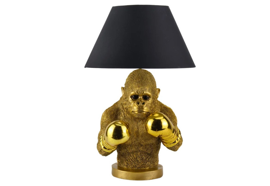Moderní stolní lampa Pop Atelier s černým kulatým stínítkem z textilu s rozšířenou spodní částí a podstavou v podobě sochy polfigury opice v pop art stylu s boxerskými rukavicemi ve zlatém provedení