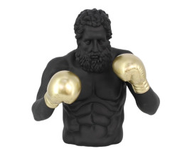 Designov&aacute; glamour socha Zeus v čern&eacute; barvě v podobě vrchn&iacute; poloviny těla antick&eacute; figury s bradou v boxersk&eacute; p&oacute;ze se zlat&yacute;mi rukavicemi