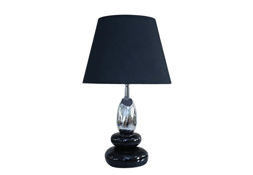 Designová glamour černá stolní lampa Caillou s podstavou ve tvaru kamenů s kulatým stínítkem s rozšířenou spodní částí s oválnou nohou ve stříbrné barvě