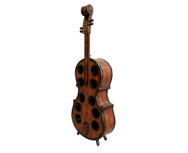 Designov&aacute; vintage vinot&eacute;ka Braley z masivn&iacute;ho dřeva v tmavě hněd&eacute; barvě s čern&yacute;mi patinovan&yacute;mi detaily ve tvaru stoj&iacute;c&iacute;ho violoncella s deseti okruhov&yacute;mi otvory pro uskladněn&iacute; v&iacute;nov&yacute;ch lahv&iacute;