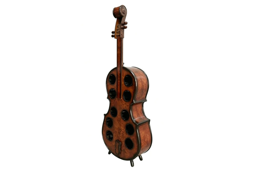 Designová vintage vinotéka Braley z masivního dřeva v tmavě hnědé barvě s černými patinovanými detaily ve tvaru stojícího violoncella s deseti okruhovými otvory pro uskladnění vínových lahví