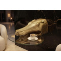 Designov&yacute; glamour n&aacute;stěnn&yacute; př&iacute;ručn&iacute; stolek Tierra Glam se zlatou krokod&yacute;l&iacute; hlavou a kulatou skleněnou deskou 75 cm