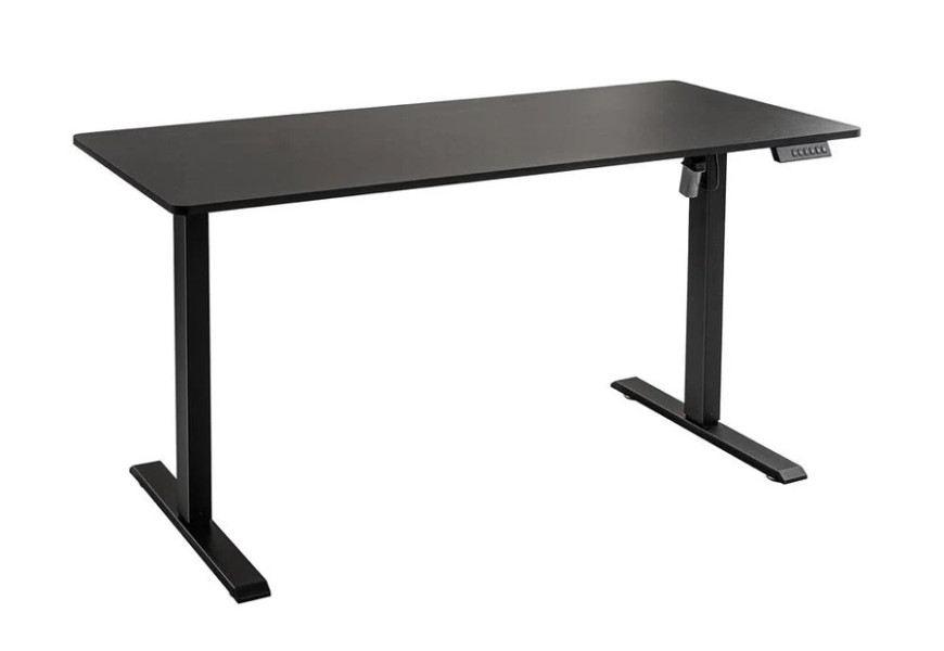 Moderní industriální výškově nastavitelný psací stůl Vancouver se dvěma černými kovovými nohami s lineární podstavou a obdélníkovou černou deskou s dýhy s melaminovým povrchem