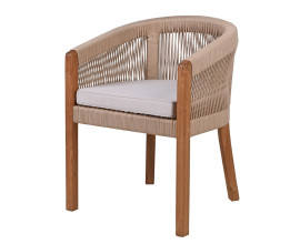 Luxusní designová zahradní židle Eicha s hnědým masivním teakovým rámem s lanovým výpletem a šedým sedacím polštářem 58 cm