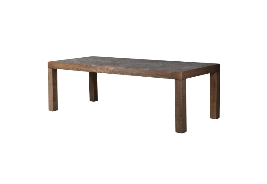 Luxusní vintage masivní dubový jídelní stůl Paurketine s obdélníkovou vrchní deskou s parketovým dekorem v přírodní hnědé barvě s patinovaným rustikálním povrchem a čtyřmi hranatýma nohama