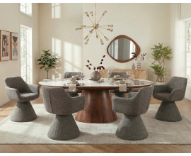 Designov&aacute; art deco sestava n&aacute;bytku do j&iacute;delny Marmol Lignia s ov&aacute;ln&yacute;m stolem s b&iacute;lou mramorovou deskou s hnědou a &scaron;edou kresbou a jednou nohou v ořechov&eacute;m hněd&eacute;m proveden&iacute; s asymetrick&yacute;m zrcadlem organick&eacute;ho tvaru a světl&yacute;m hněd&yacute;m př&iacute;born&iacute;kem s geometrick&yacute;m reli&eacute;fem a otočn&yacute;mi hnědo&scaron;ed&eacute; židle s celoplo&scaron;n&yacute;m čalouněn&iacute;m a zlat&yacute;m lustrem