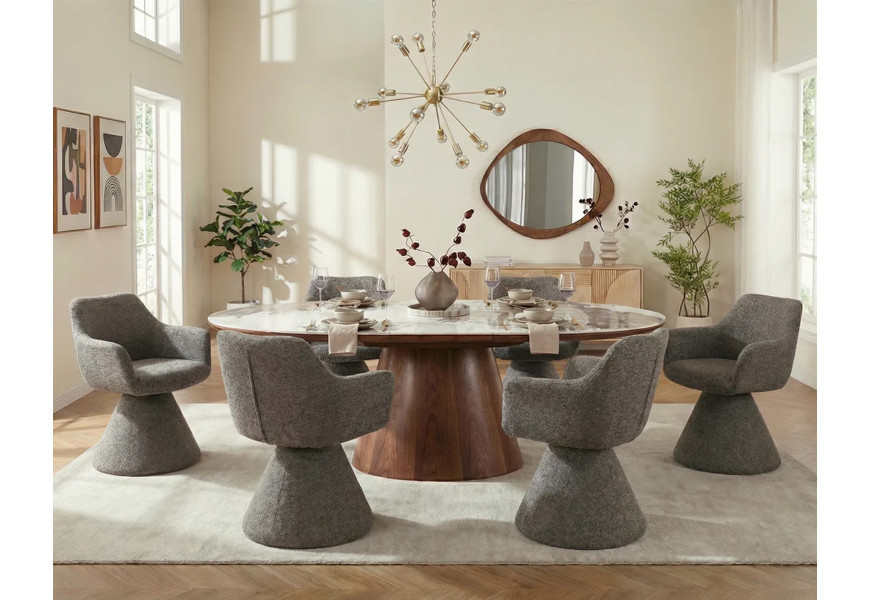 Designová art deco sestava nábytku do jídelny Marmol Lignia s oválným stolem s bílou mramorovou deskou s hnědou a šedou kresbou a jednou nohou v ořechovém hnědém provedení s asymetrickým zrcadlem organického tvaru a světlým hnědým příborníkem s geometrickým reliéfem a otočnými hnědošedé židle s celoplošným čalouněním a zlatým lustrem