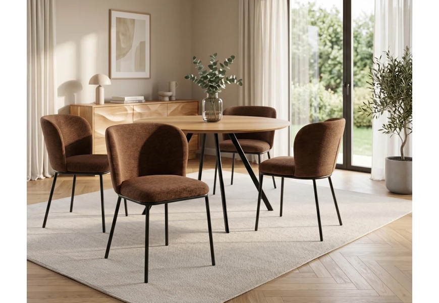 Designová industriální sestava nábytku do jídelny Maderia s kulatým stolem se světlou hnědou dubovou deskou a židlemi s tmavým hnědým textilním čalouněním s nohama z kovu v černé barvě s třídveřovým světlým hnědým příborníkem s organickým asymetrickým reliéfem