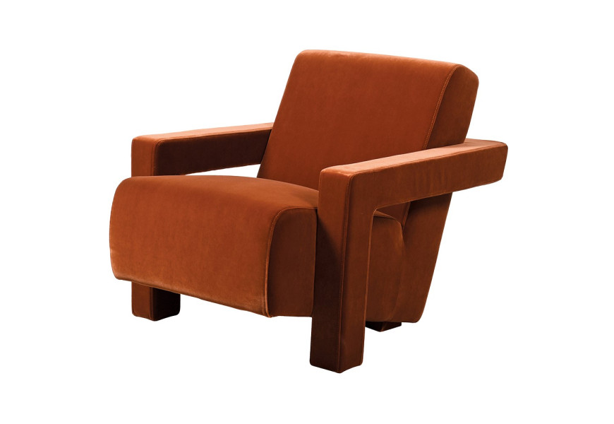 Luxusní retro designové křeslo Phineas s textilním potahem s hranatou opěrkou zad a geometrickými opěrkami na ruce ve spálené oranžové barvě