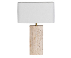 Luxusn&iacute; modern&iacute; stoln&iacute; lampa Olia s b&eacute;žovou nohou s př&iacute;rodn&iacute;ho travertinu s žebrovan&yacute;m reli&eacute;fem a b&iacute;l&yacute;m lněn&yacute;m st&iacute;n&iacute;tkem 72 cm