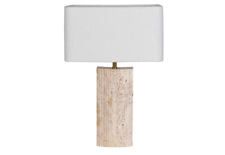 Luxusní designová travertinová stolní lampa Olia s nohou z přírodního kamene s výraznou pórovitou strukturou a mramorovanou kresbou v odstínech béžové s obdélníkovým stínítkem ze lnu v bílé barvě na zlaté kovové konstrukci