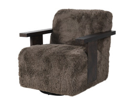 Luxusní moderní otočné křeslo Teddy s potahem z umělé kožešiny a konstrukcí z burlového dřeva v hnědé a šedé barvě 82 cm