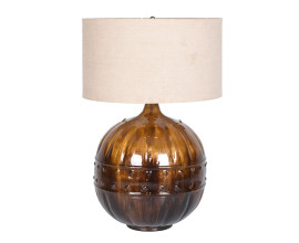 Luxusní designová stolní lampa Pamela s kulatou hnědou podstavou s lesklým smaltem a 3D detaily s béžovým stínítkem 70 cm