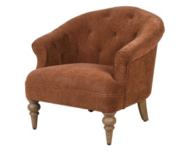 Luxusn&iacute; chesterfield křeslo Bayron se zaoblenou z&aacute;dovou opěrkou se zarolovanou hranou a pro&scaron;&iacute;v&aacute;n&iacute;m s kulat&yacute;mi knofl&iacute;ky s textiln&iacute;m potahem v rezav&eacute;m oranžovo hněd&eacute;m odst&iacute;nu s vyřez&aacute;van&yacute;m dřevěn&yacute;ma nohama