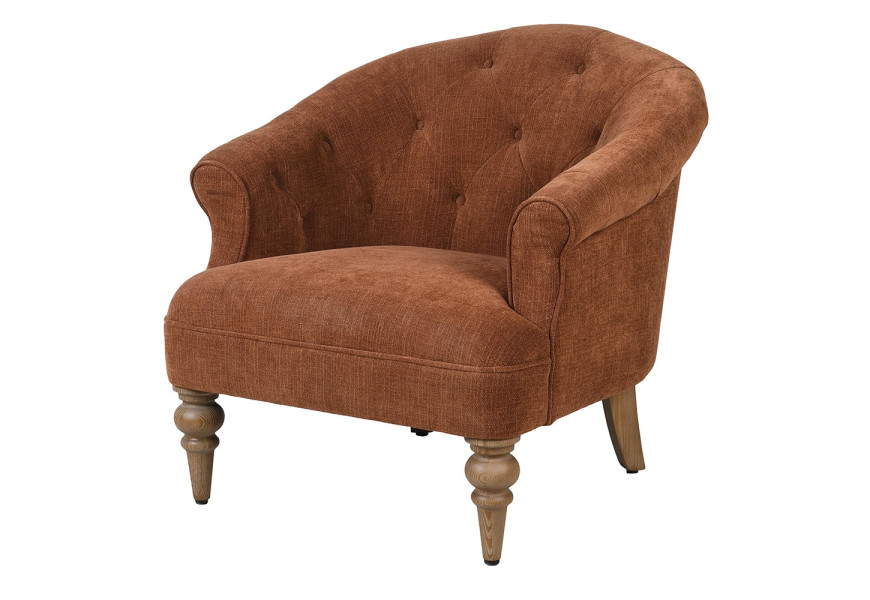 Luxusní chesterfield křeslo Bayron se zaoblenou zádovou opěrkou se zarolovanou hranou a prošíváním s kulatými knoflíky s textilním potahem v rezavém oranžovo hnědém odstínu s vyřezávaným dřevěnýma nohama