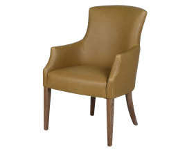 Luxusn&iacute; vintage kožen&aacute; j&iacute;deln&iacute; židle Libby s masivn&iacute;mi nohama z jasanov&eacute;ho dřeva v př&iacute;rodn&iacute; světl&eacute; hněd&eacute; barvě s vysokou elegantně tvarovanou z&aacute;dovou opěrkou a niž&scaron;&iacute;mi opěrkami na ruce s potahem z prav&eacute; kůže s zelenožlutem khaki odst&iacute;nu