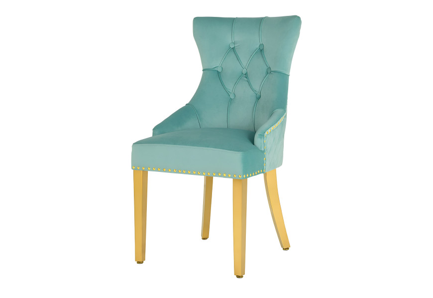 Barokn&iacute; j&iacute;deln&iacute; židle Modern/Gold Barrock s čalouněn&iacute;m ze světle modr&eacute;ho sametu s diamantov&yacute;m pro&scaron;&iacute;v&aacute;n&iacute;m a klepadlem 94 cm