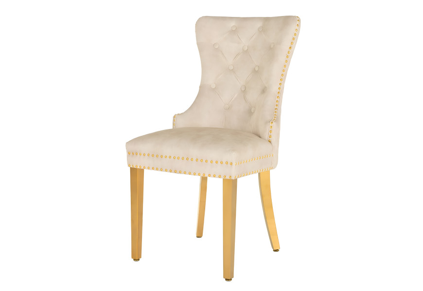 Glamour čalouněn&aacute; pro&scaron;&iacute;van&aacute; b&eacute;žov&aacute; j&iacute;deln&iacute; židle Modern Barock se zlat&yacute;mi kovov&yacute;mi nožičkami a klep&aacute;tkem 98 cm