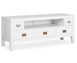 Designov&yacute; koloni&aacute;ln&iacute; TV stolek Blanc s polic&iacute; a &scaron;upl&iacute;ky v b&iacute;l&eacute; barvě 125 cm