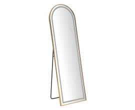 Designov&eacute; glamour stoj&iacute;c&iacute; zrcadlo Leanor se zlat&yacute;m r&aacute;mem s obloukovou vrchn&iacute; č&aacute;st&iacute; a LED osvětlen&iacute;m 160 cm