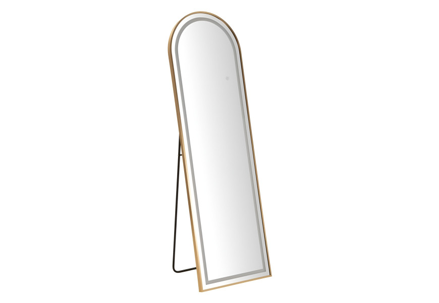 Designov&eacute; glamour stoj&iacute;c&iacute; zrcadlo Leanor se zlat&yacute;m r&aacute;mem s obloukovou vrchn&iacute; č&aacute;st&iacute; a LED osvětlen&iacute;m 160 cm