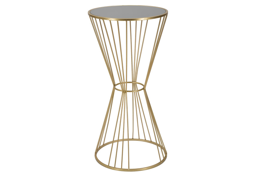 Art deco kulat&yacute; kovov&yacute; zlat&yacute; př&iacute;ručn&iacute; stolek Samer s nohou ve tvaru přes&yacute;pac&iacute;ch hodin s vrchn&iacute; černou skleněnou deskou 100 cm
