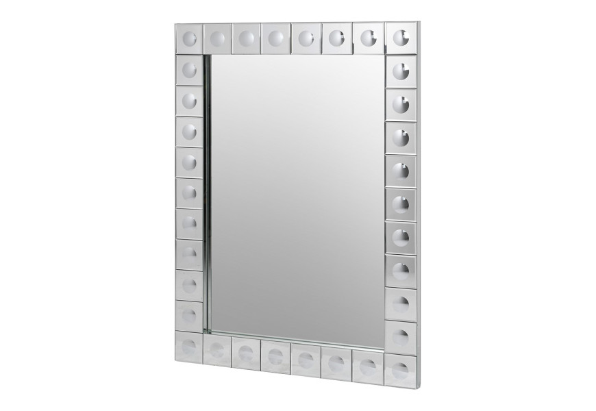 Luxusní moderní art deco závěsné zrcadlo Esquire s obdélníkovým rámem děleným na čtvercové segmenty s geometrickým prohloubeným kruhem v reflexním zrcadlovém provedení ze skla