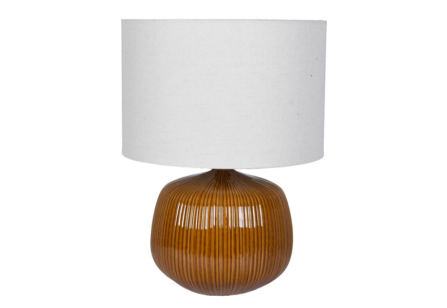 Luxusní moderní keramická stolní lampa Luffy s kulatou nohou s vertikálním drážkovaným zdobením v hnědé barvě s lesklým povrchem z válcovitým lněným stínítkem s hladkým tkaním v bílé barvě