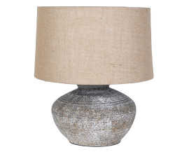 Luxusn&iacute; vintage keramick&aacute; lampa Rustica s v&aacute;lcovit&yacute;m st&iacute;n&iacute;tkem ze lnu v natur&aacute;ln&iacute; b&eacute;žov&eacute; barvě s kulatou &scaron;irokou podstavou v &scaron;ed&eacute; barvě s designem kamene s vyřez&aacute;van&yacute;mi detaily
