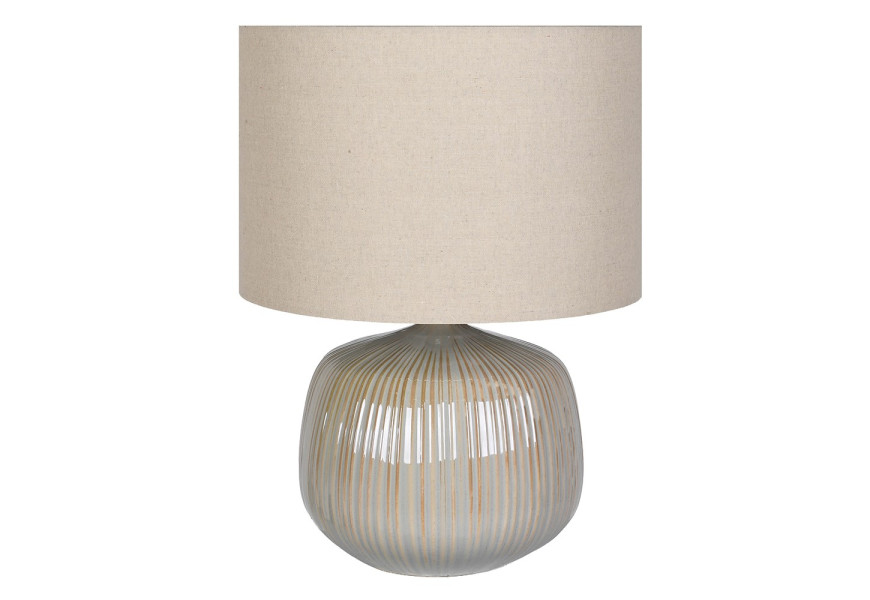 Luxusní moderní designová keramická stolní lampa Luffy s kulatou širokou žebrovanou podstavou s lesklou krémovou glazurou a hladkým válcovitým stínítkem ze lnu v béžové barvě