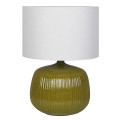 Luxusní moderní keramická stolní lampa Luffy se širokou kulatou podstavou s žebrovaným designem s lesklou glazurou v olivové zelené barvě s válcovitým stínítkem ze lnu v bílé barvě
