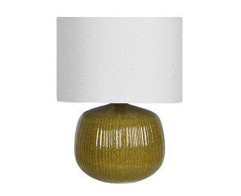 Luxusn&iacute; modern&iacute; keramick&aacute; nočn&iacute; lampa Luffy se zelenou glazovanou podstavou s vysok&yacute;m leskem s v&yacute;razn&yacute;m žebrov&aacute;n&iacute;m kulat&eacute;ho &scaron;irok&eacute;ho tvaru s v&aacute;lcovit&yacute;m b&iacute;l&yacute;m st&iacute;n&iacute;tkem ze lnu