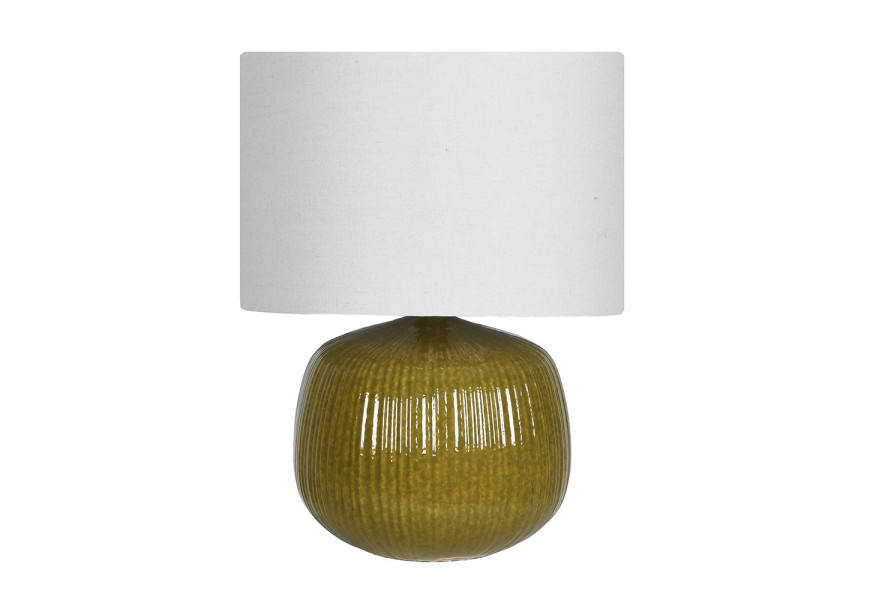 Luxusní moderní keramická noční lampa Luffy se zelenou glazovanou podstavou s vysokým leskem s výrazným žebrováním kulatého širokého tvaru s válcovitým bílým stínítkem ze lnu