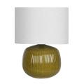Luxusní moderní keramická noční lampa Luffy se zelenou glazovanou podstavou s vysokým leskem s výrazným žebrováním kulatého širokého tvaru s válcovitým bílým stínítkem ze lnu