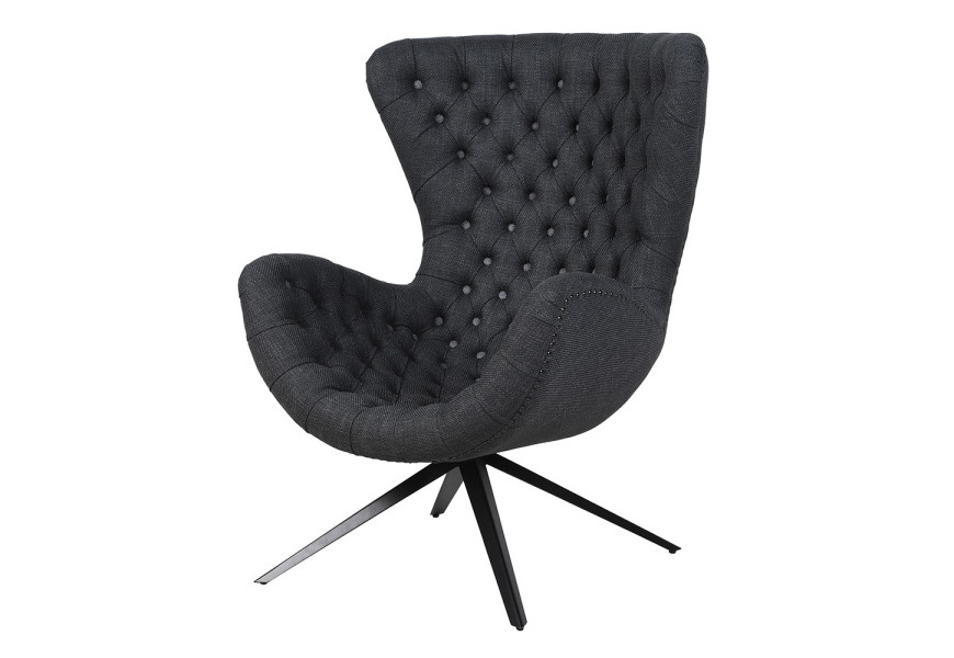 Luxusní retro chesterfield egg křeslo Dolan s čalouněním a šedým textilním potahem s prošíváním s kulatými knoflíky na vnitřní straně sedadla se čtyřramennou kovovou podstavou v tmavém provedení
