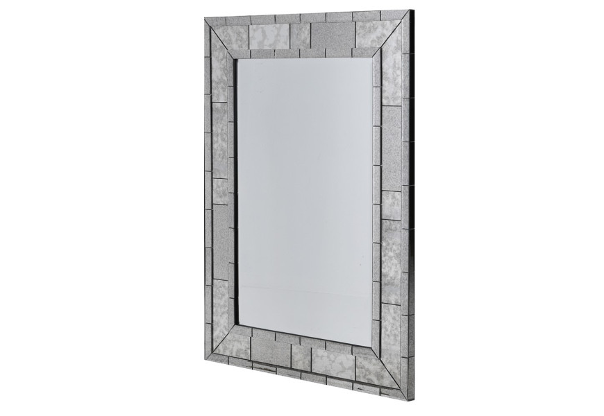 Luxusní vintage obdélníkové závěsné zrcadlo Dalma s designovým rámem s plastickým cihlovým vzorem v lesklém reflexním skleněném provedení s šedým patinovaným efektem