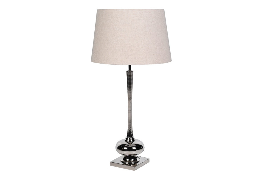 Luxusní moderní klasická stolní lampa Nicole se štíhlou nohou s balustrově profilovanou základnou z kovu v lesklé stříbrné barvě s válcovitým stínítkem ze lnu s přírodní světlé béžové barvě
