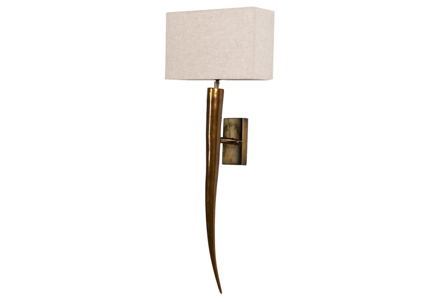 Luxusní designová nástěnná lampa Corno s obdélníkovým stínítkem ze lnu v béžové barvě s konstrukcí ve tvaru rohu z kovu ve starožitné zlaté barvě