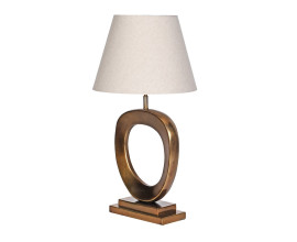 Luxusn&iacute; modern&iacute; designov&aacute; lampa Elysium s kovovou bronzovou podstavou s obd&eacute;ln&iacute;kovou z&aacute;kladnou a nohou ve tvaru avantgardn&iacute;ho kruhu a textiln&iacute;m st&iacute;n&iacute;tkem se seř&iacute;znut&yacute;m kuželovit&yacute;m tvarem ze lnu v př&iacute;rodn&iacute; světl&eacute; b&eacute;žov&eacute; barvě